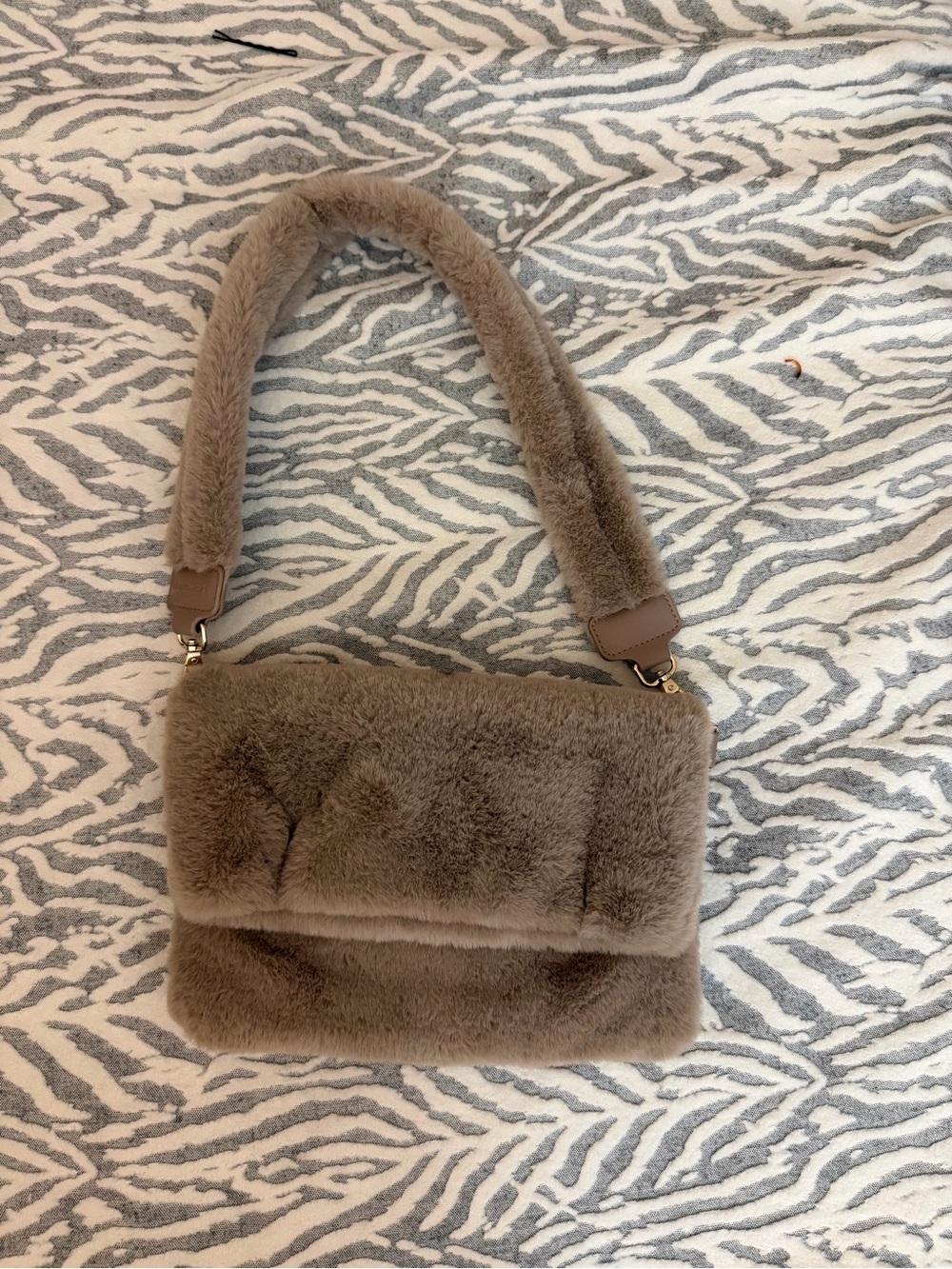 Plush Taupe Faux-Fur Shoulder Bag with Padded Strap